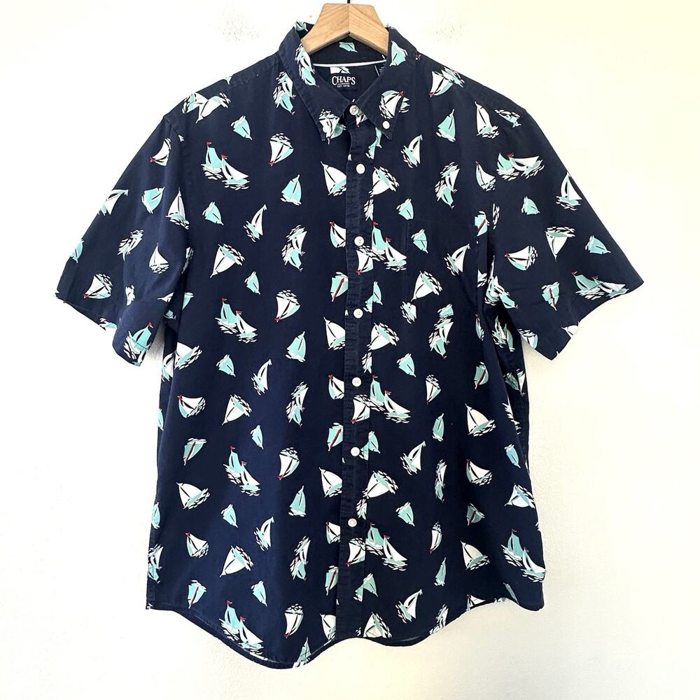 Chaps Blue Sailboat Print Short Sleeve Button Up Size L Cotton Nautical Summer